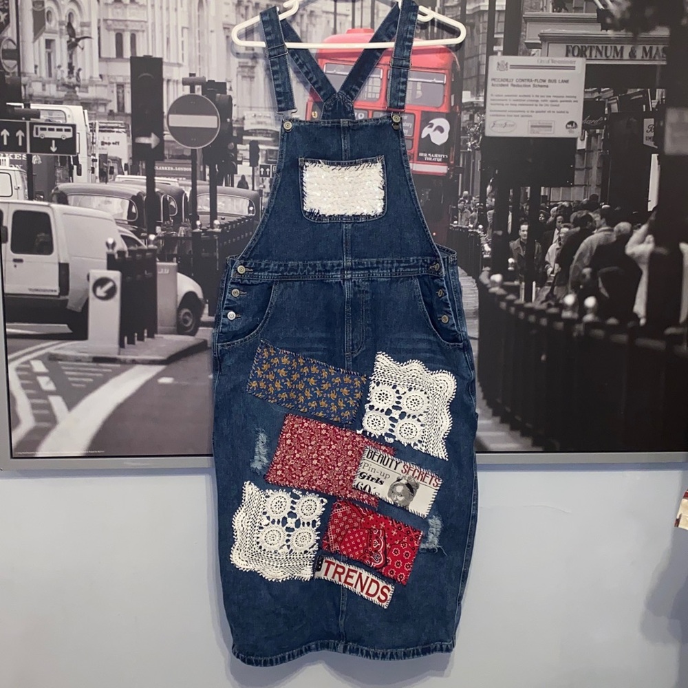 Upcycled Solopette Jeans skirt women’s  Patchwork distressed overall size L